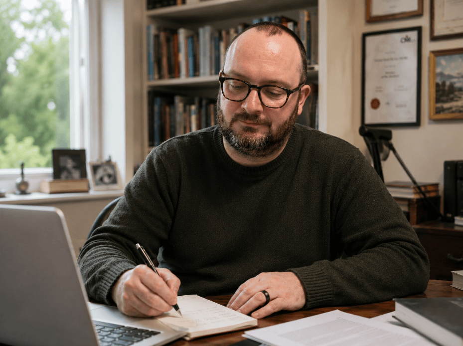 Antony David Davies writing at his desk beside a laptop in his study