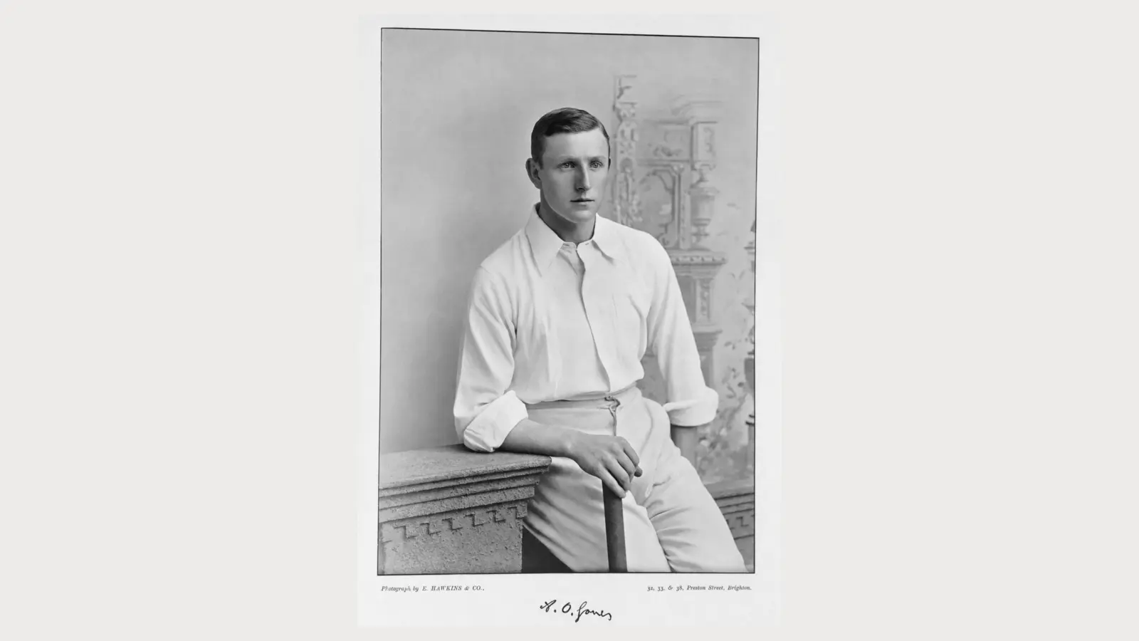 Portrait of Arthur Owen Jones (1872–1914), Nottinghamshire cricketer and England captain, in cricket whites