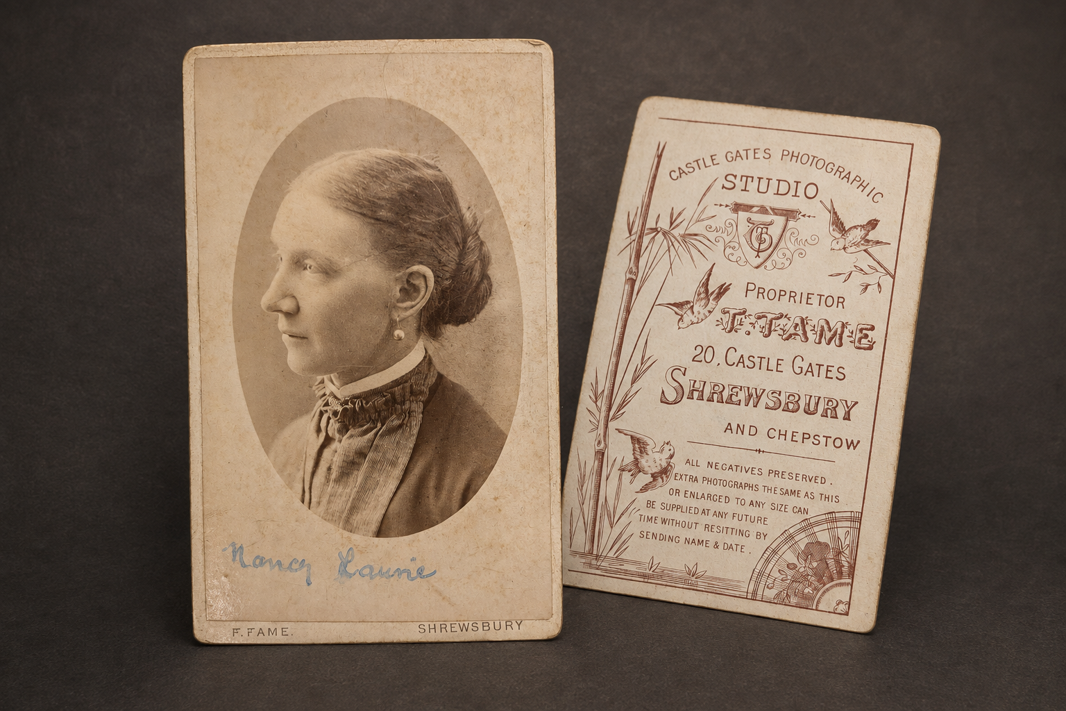 Carte de visite portrait of Nancy Laurie, photographed by F. Fame at Castle Gates Studio in Shrewsbury, beside the decorative reverse of the card