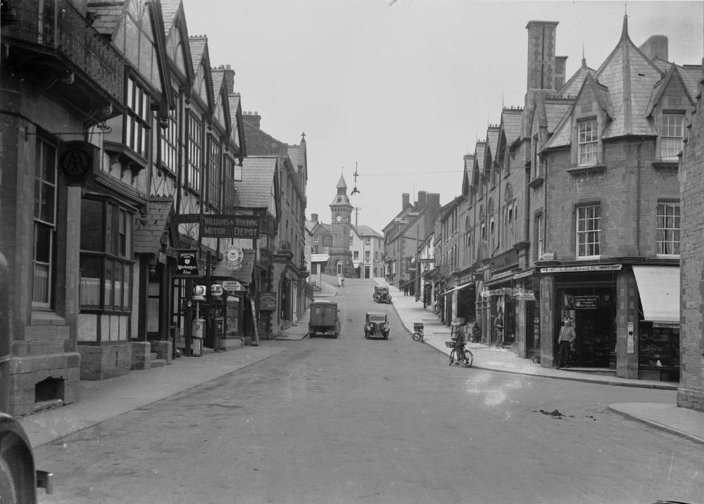Historic early twentieth-century view of Broad Street, Knighton, Radnorshire, with the Victorian clock tower