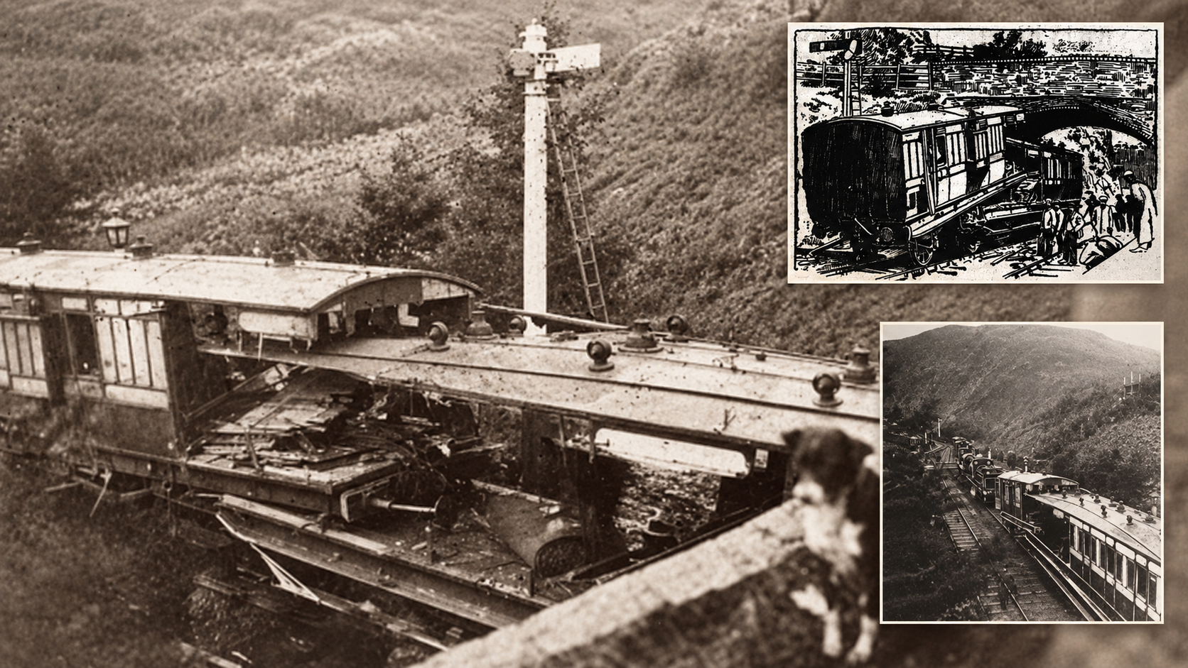 Composite archival view of wrecked railway carriages after the Tylwch collision of 16 September 1899, with a contemporary newspaper illustration inset.