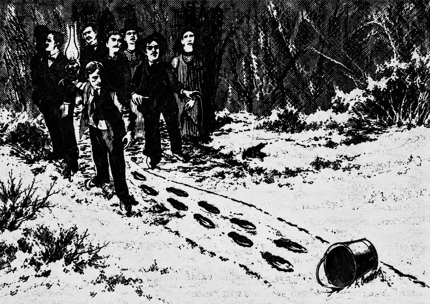 Black-and-white newspaper-style illustration of witnesses following footprints in snow towards an abandoned bucket in the Oliver Thomas disappearance story