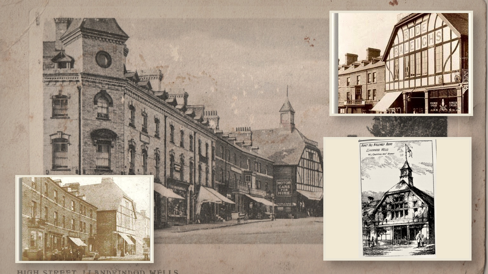 Historic composite of Llandrindod Wells Market Hall and Assembly Rooms in High Street, including period photographs and the 1891 architectural drawing