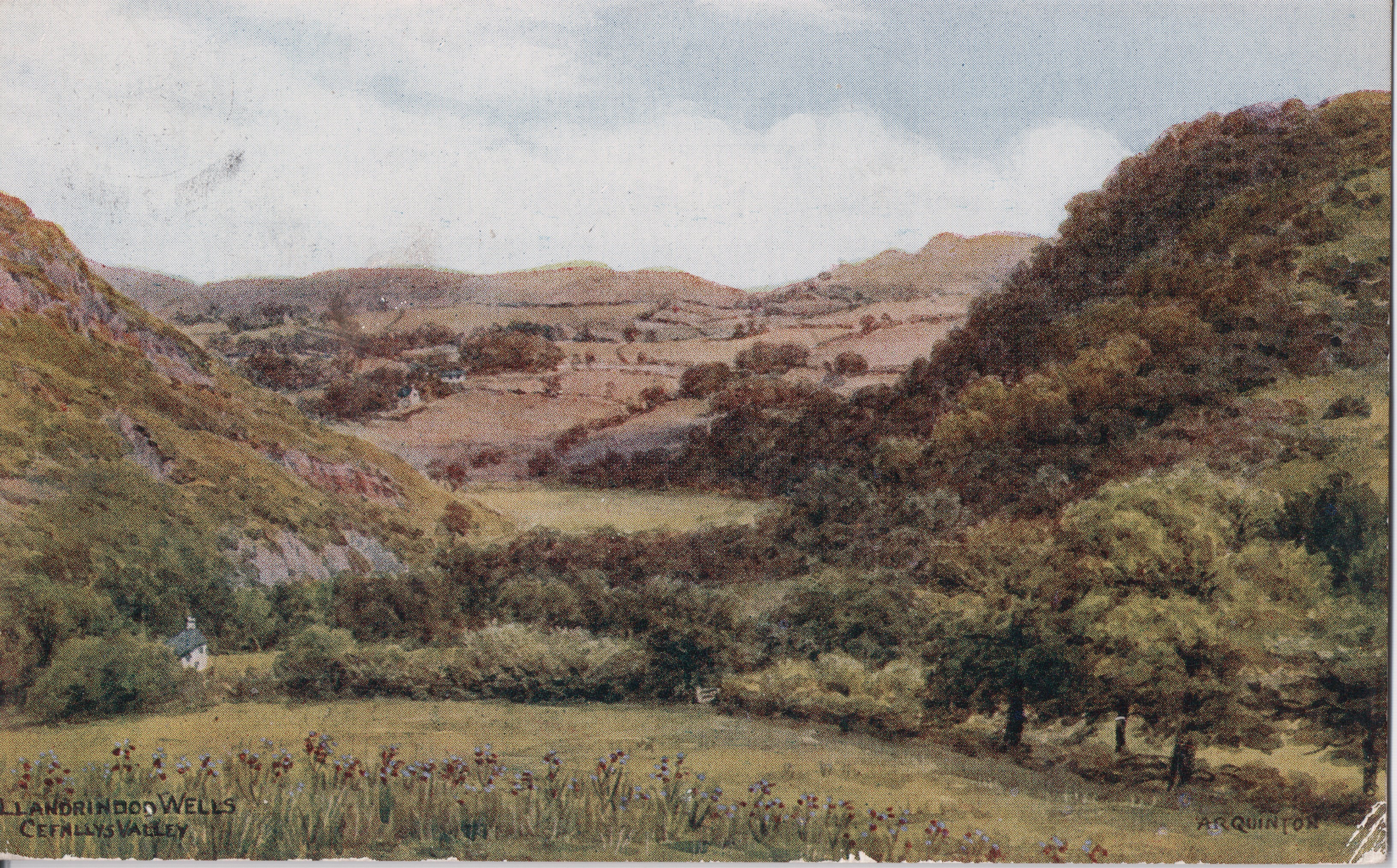 Historic view of the Cefnllys valley near Llandrindod Wells, with the River Ithon and surrounding hills