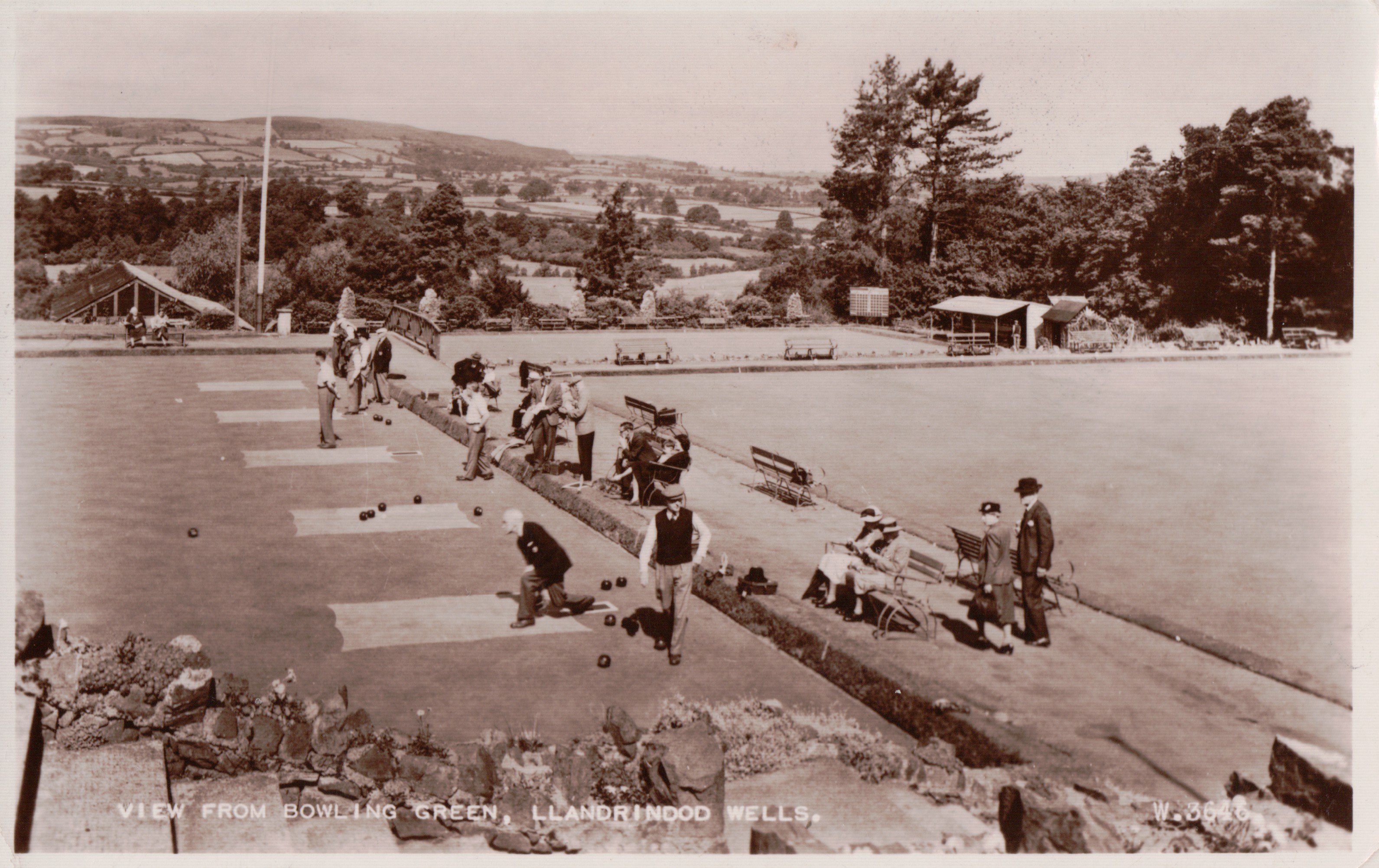 Historic view across Llandrindod Wells from the bowling green at Rock Park.