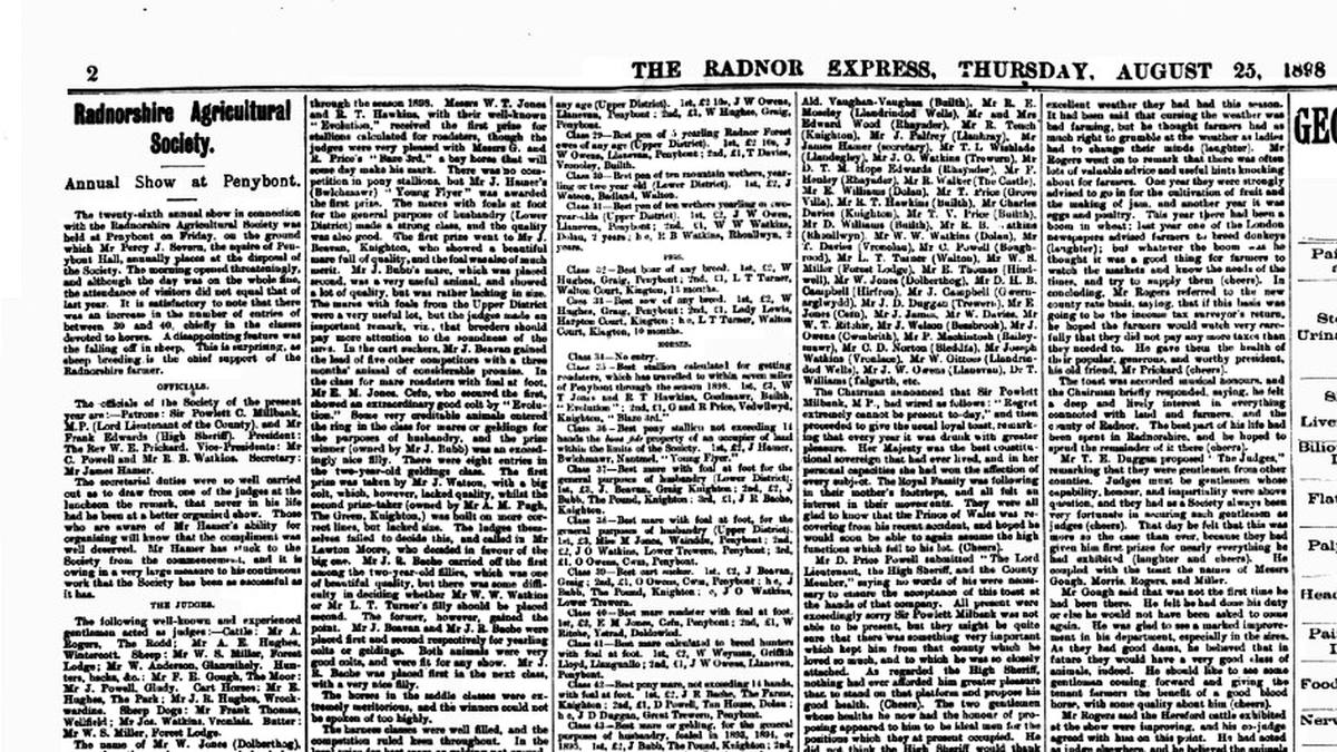 Radnor Express report of the Radnorshire Agricultural Society annual show at Penybont in August 1898