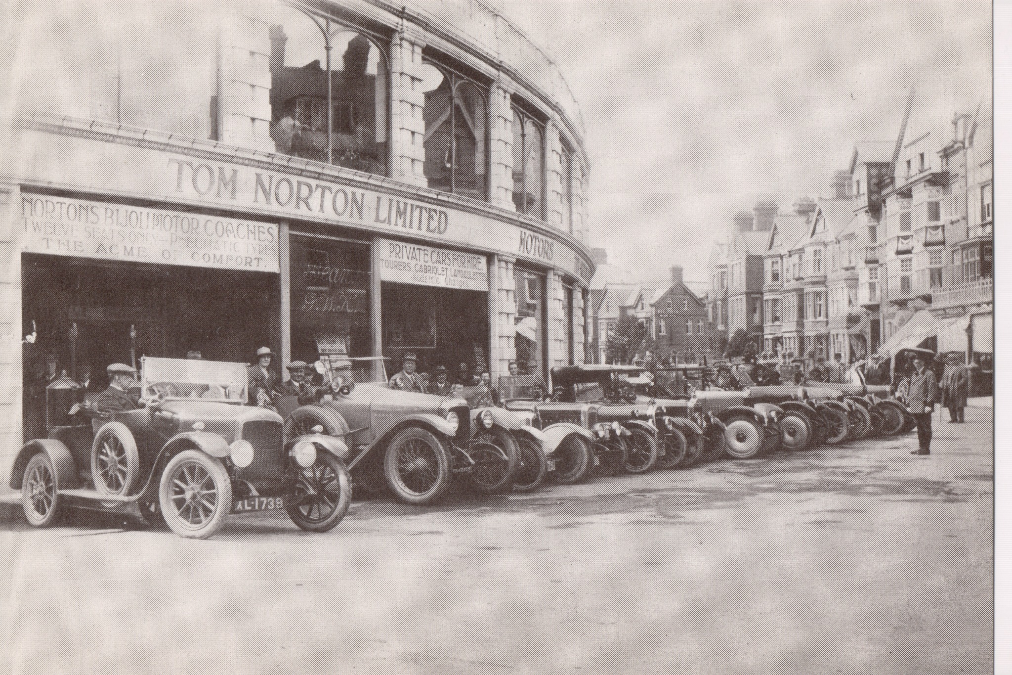 Historic photograph of Tom Norton Ltd motor cars outside the Automobile Palace in Llandrindod Wells.