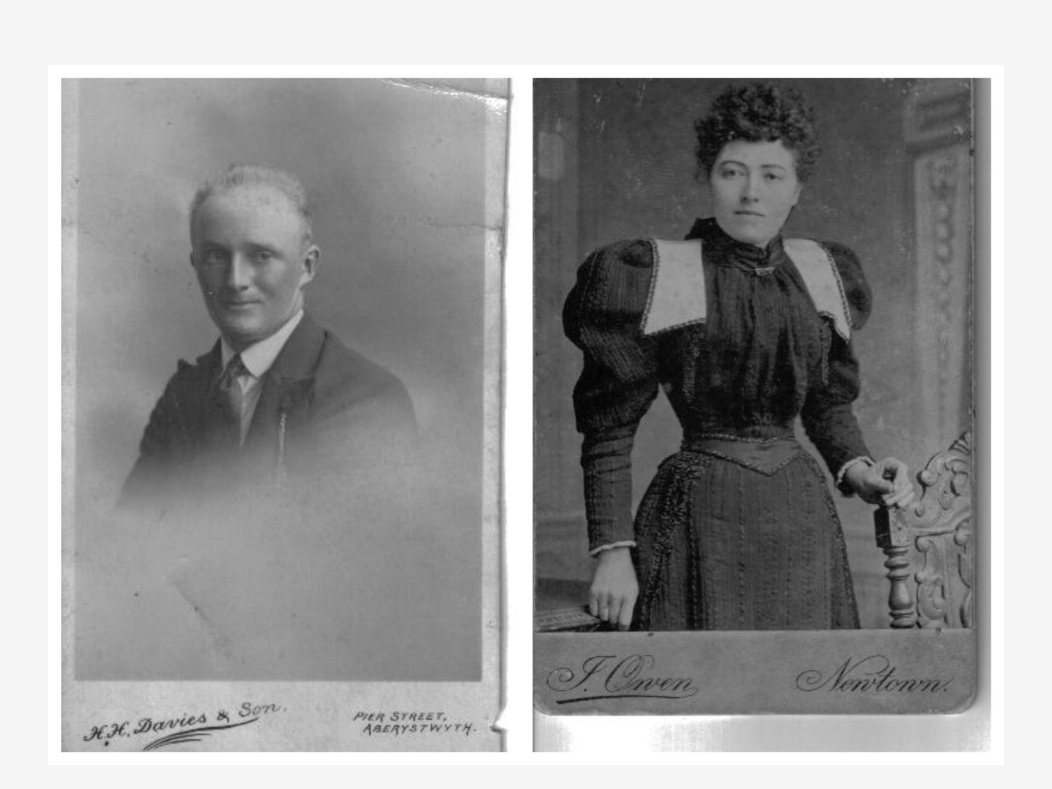 Historic black-and-white portraits of Thomas Jenkins (1859–1913) and Elizabeth Ann Catherine Jenkins, née Pugh (1871–1906), of Maescelyn in the Llyfnant Valley.